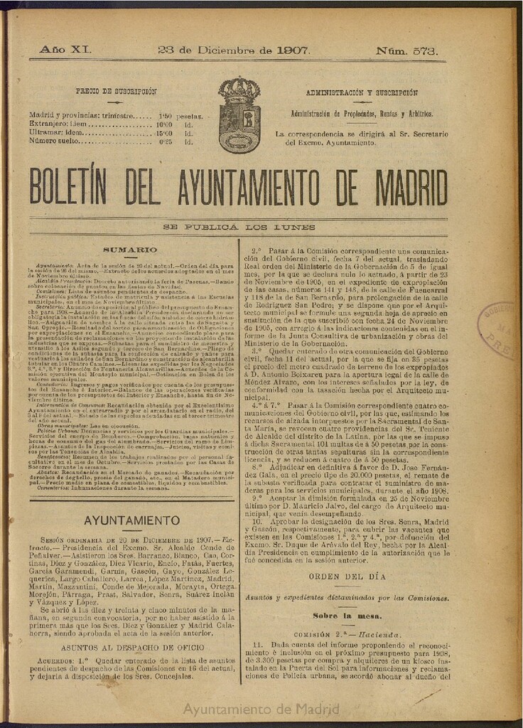 Miniatura de Boletín Oficial del Ayuntamiento de Madrid del 23 de diciembre de 1907, nº 573