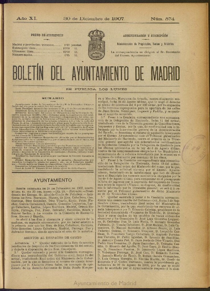 Miniatura de Boletín Oficial del Ayuntamiento de Madrid del 30 de diciembre de 1907, nº 574