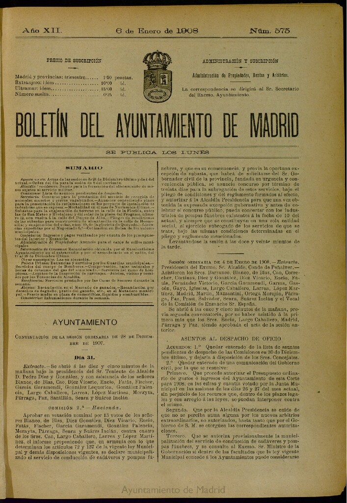 Miniatura de Boletín Oficial del Ayuntamiento de Madrid del 6 de enero de 1908, nº 575