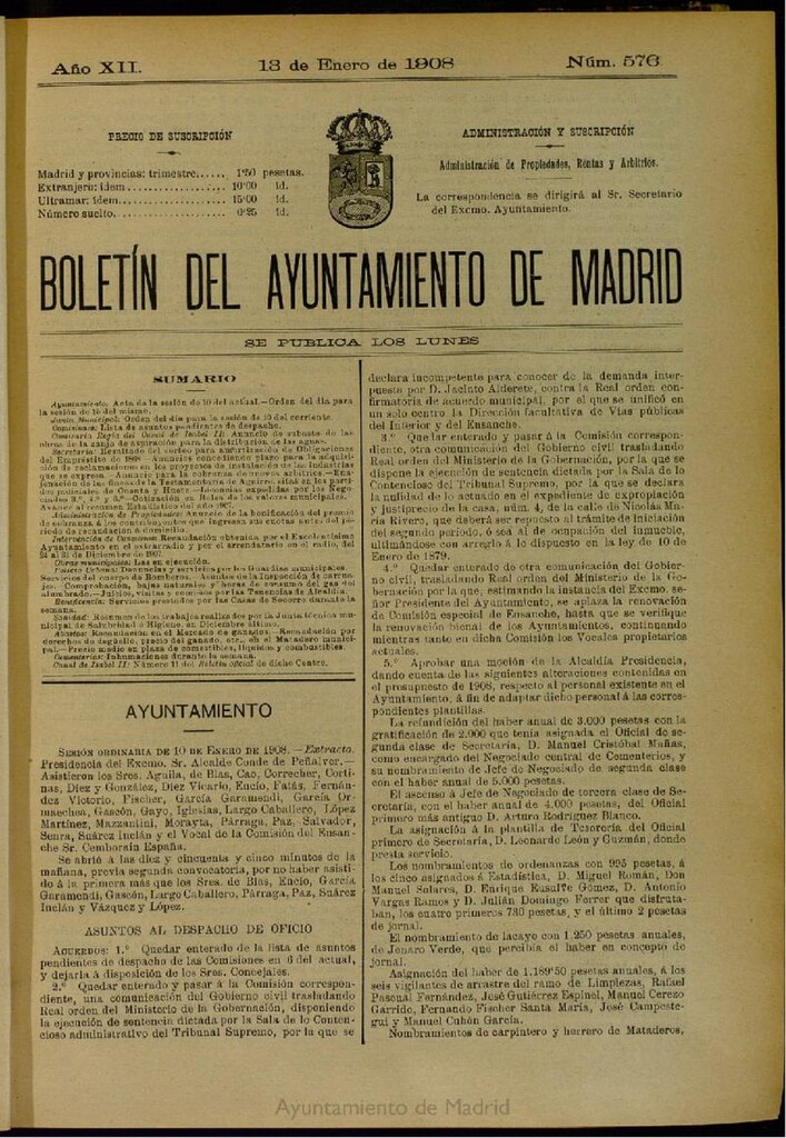 Miniatura de Boletín Oficial del Ayuntamiento de Madrid del 13 de enero de 1908, nº 576