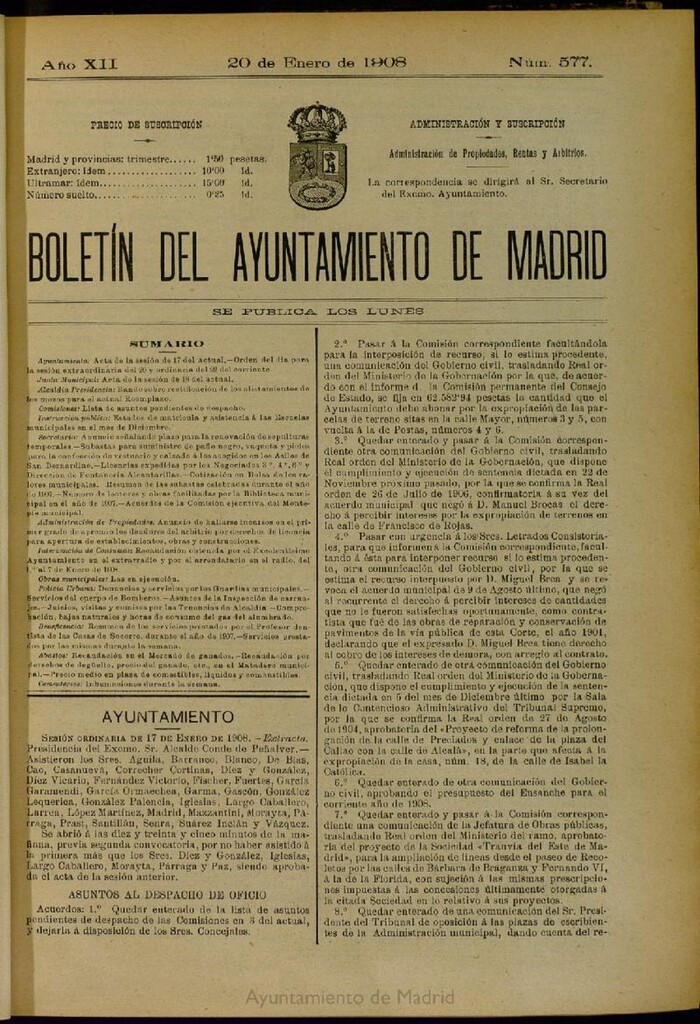 Miniatura de Boletín Oficial del Ayuntamiento de Madrid del 20 de enero de 1908, nº 577