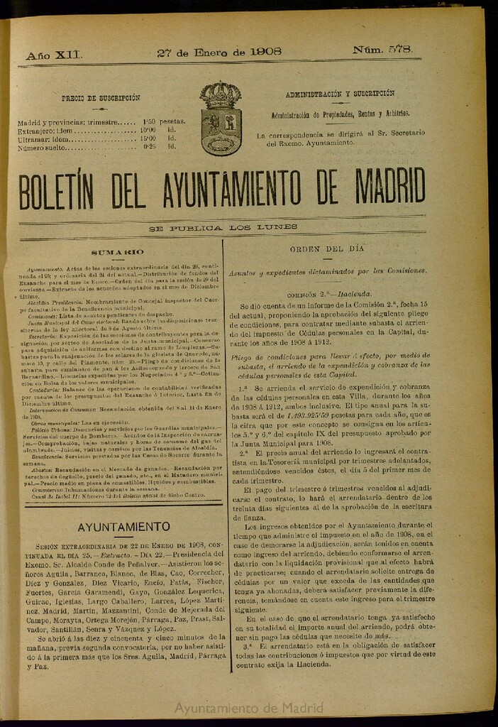 Miniatura de Boletín Oficial del Ayuntamiento de Madrid del 27 de enero de 1908, nº 578