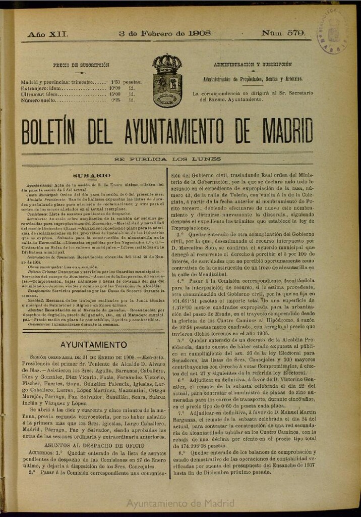 Miniatura de Boletín Oficial del Ayuntamiento de Madrid del 3 de febrero de 1908, nº 579