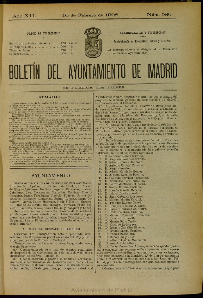 Miniatura de Boletín Oficial del Ayuntamiento de Madrid del 10 de febrero de 1908, nº 580