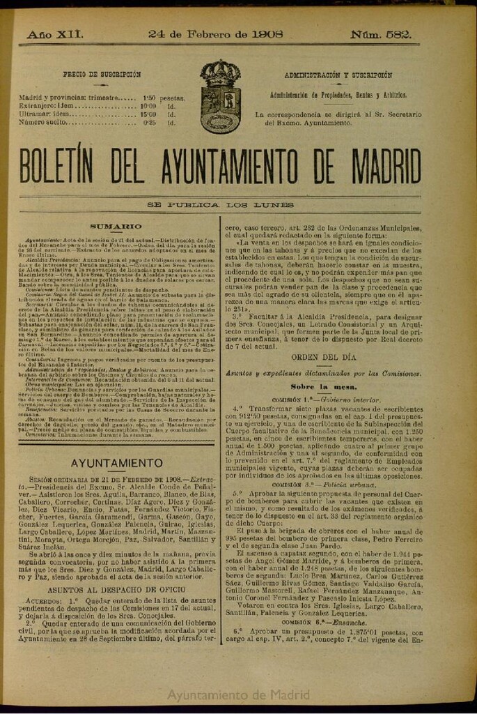 Miniatura de Boletín Oficial del Ayuntamiento de Madrid del 24 de febrero de 1908, nº 582