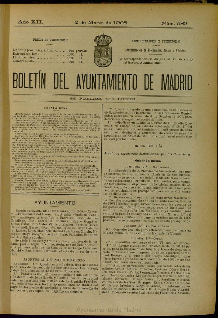 Miniatura de Boletín Oficial del Ayuntamiento de Madrid del 2 de marzo de 1908, nº 583