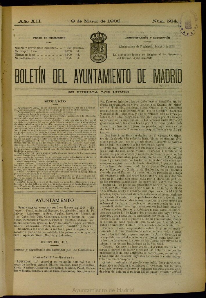 Miniatura de Boletín Oficial del Ayuntamiento de Madrid del 9 de marzo de 1908, nº 584