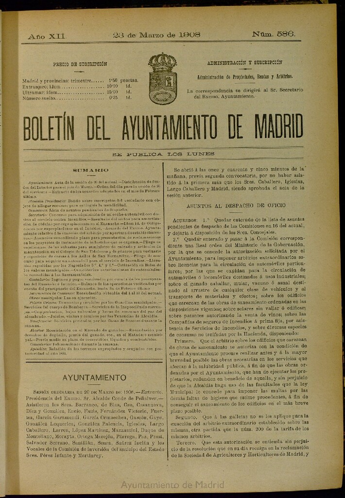 Miniatura de Boletín Oficial del Ayuntamiento de Madrid del 23 de marzo de 1908, nº 586
