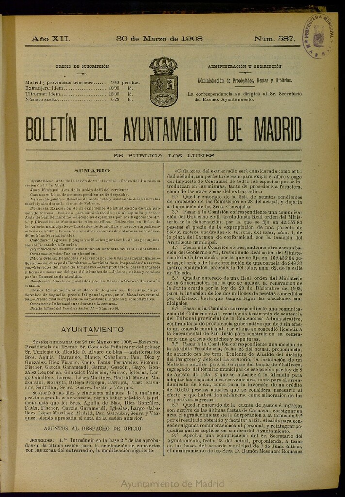 Miniatura de Boletín Oficial del Ayuntamiento de Madrid del 30 de marzo de 1908, nº 587