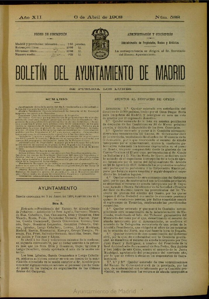 Miniatura de Boletín Oficial del Ayuntamiento de Madrid del 6 de abril de 1908, nº 588