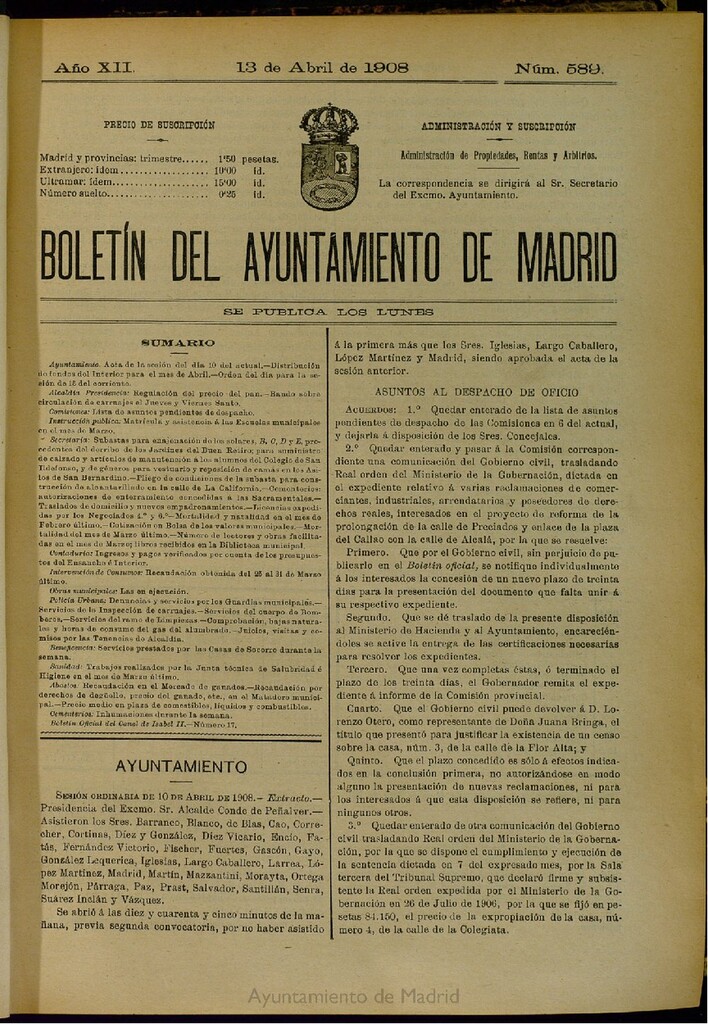 Miniatura de Boletín Oficial del Ayuntamiento de Madrid del 13 de abril de 1908, nº 589
