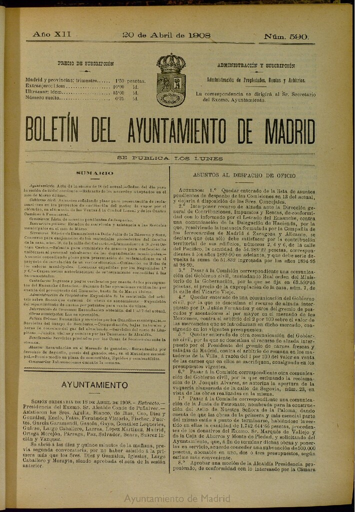 Miniatura de Boletín Oficial del Ayuntamiento de Madrid del 20 de abril de 1908, nº 590