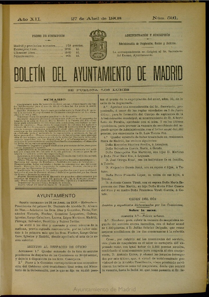Miniatura de Boletín Oficial del Ayuntamiento de Madrid del 27 de abril de 1908, nº 591