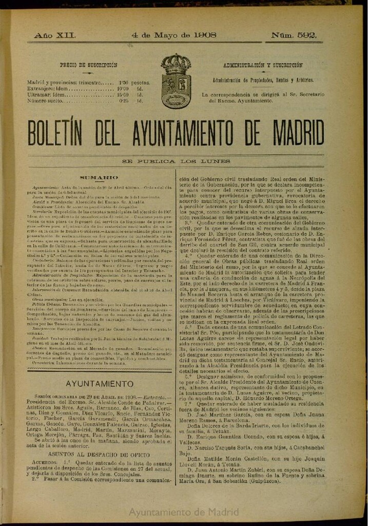 Miniatura de Boletín Oficial del Ayuntamiento de Madrid del 4 de mayo de 1908, nº 592