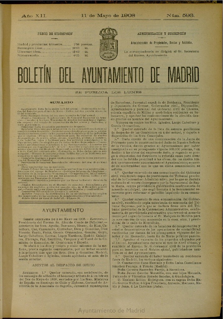 Miniatura de Boletín Oficial del Ayuntamiento de Madrid del 11 de mayo de 1908, nº 593