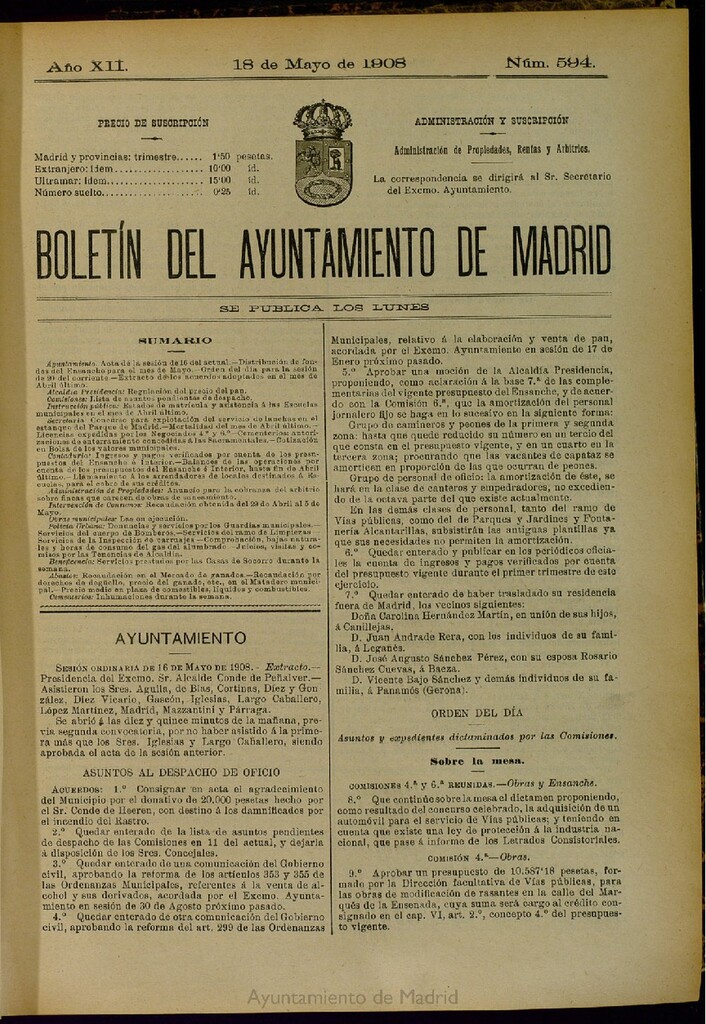 Miniatura de Boletín Oficial del Ayuntamiento de Madrid del 18 de mayo de 1908, nº 594