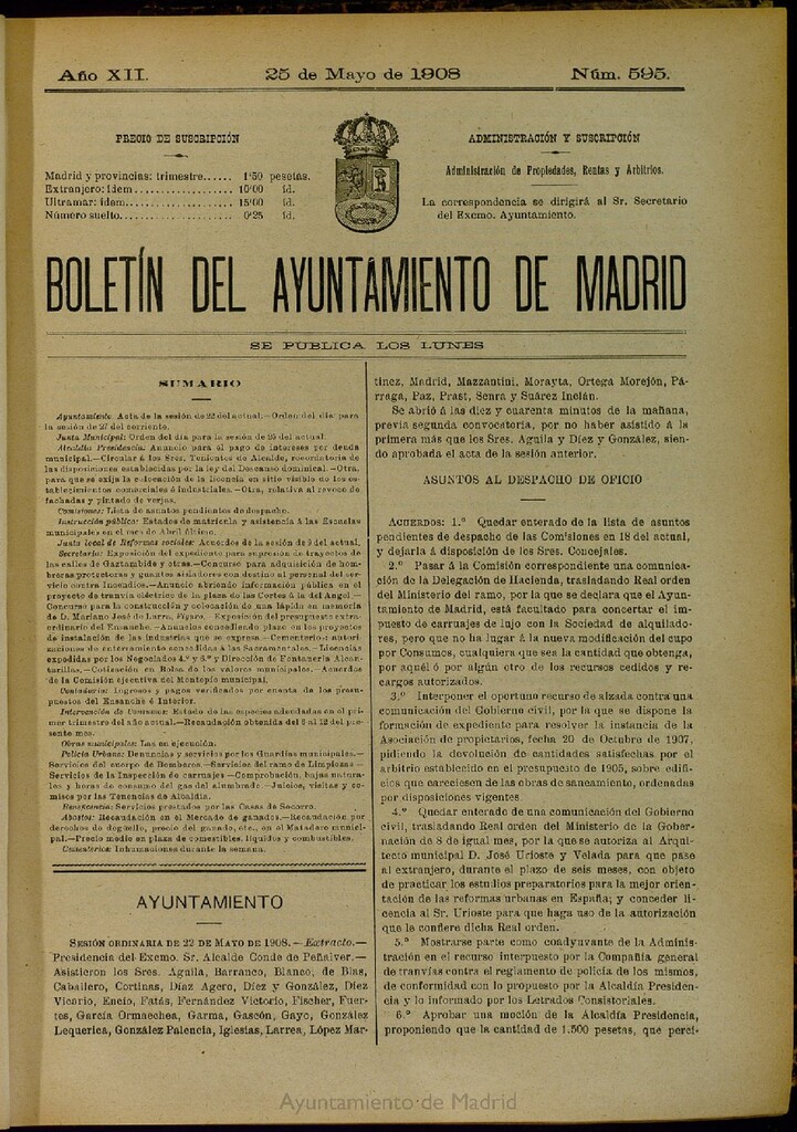 Miniatura de Boletín Oficial del Ayuntamiento de Madrid del 25 de mayo de 1908, nº 595