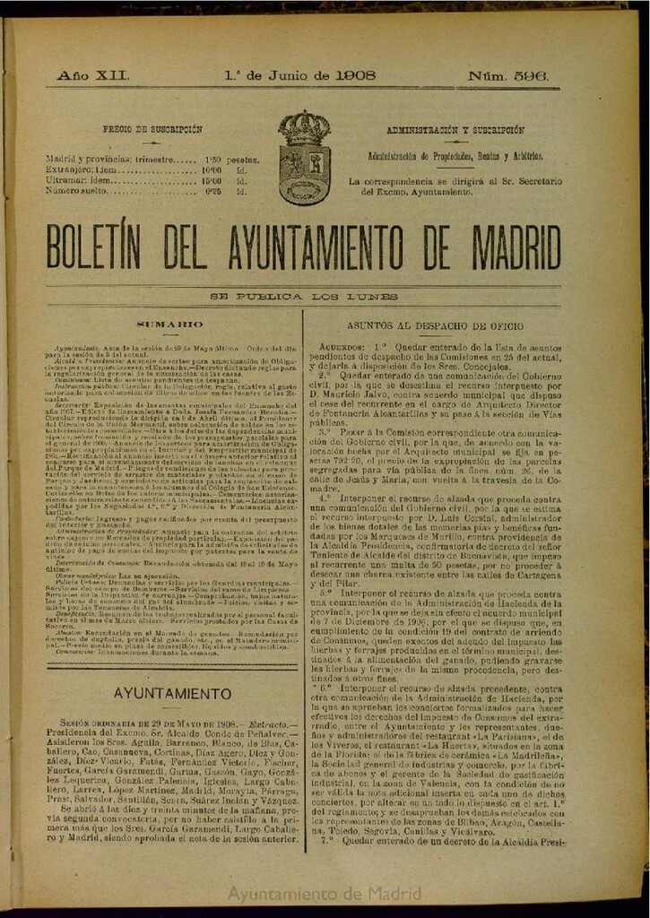 Miniatura de Boletín Oficial del Ayuntamiento de Madrid del 1 de junio de 1908, nº 596