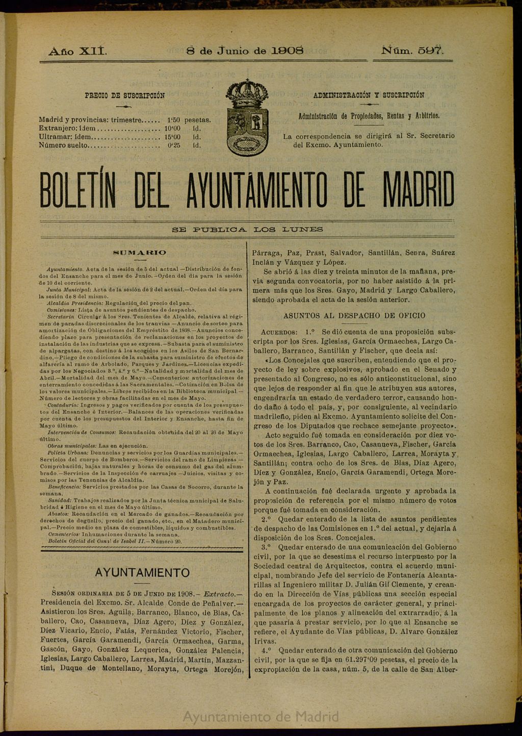 Miniatura de Boletín Oficial del Ayuntamiento de Madrid del 8 de junio de 1908, nº 597