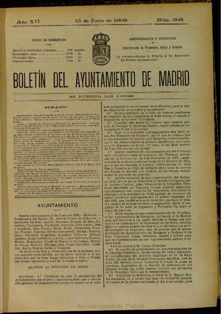 Miniatura de Boletín Oficial del Ayuntamiento de Madrid del 15 de junio de 1908, nº 598