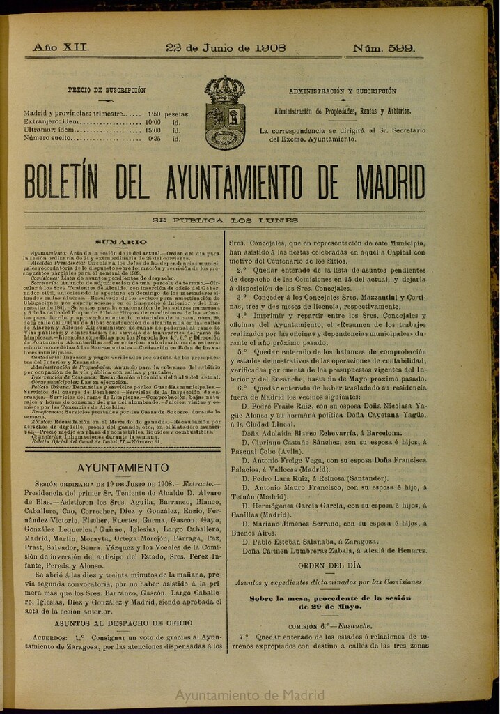 Miniatura de Boletín Oficial del Ayuntamiento de Madrid del 22 de junio de 1908, nº 599