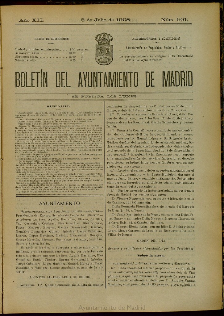 Miniatura de Boletín Oficial del Ayuntamiento de Madrid del 6 de julio de 1908, nº 601