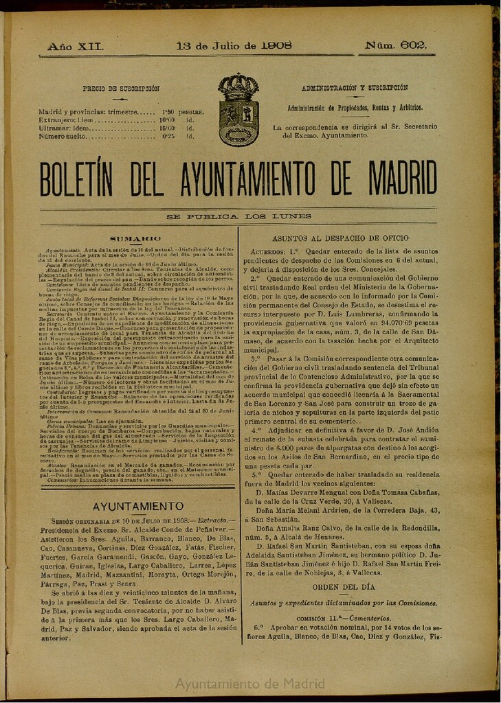 Miniatura de Boletín Oficial del Ayuntamiento de Madrid del 13 de julio de 1908, nº 602