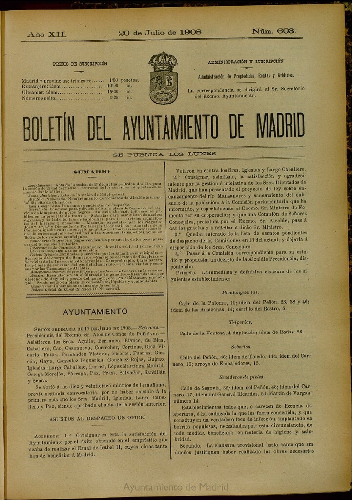 Miniatura de Boletín Oficial del Ayuntamiento de Madrid del 20 de julio de 1908, nº 603