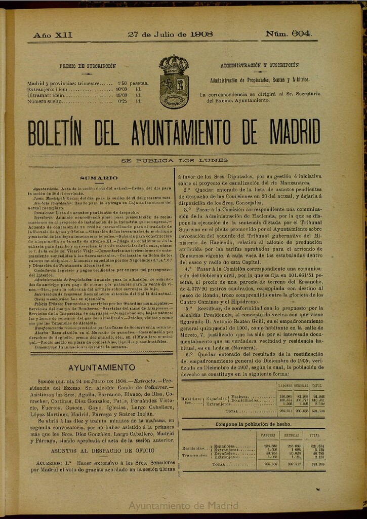 Miniatura de Boletín Oficial del Ayuntamiento de Madrid del 27 de julio de 1908, nº 604