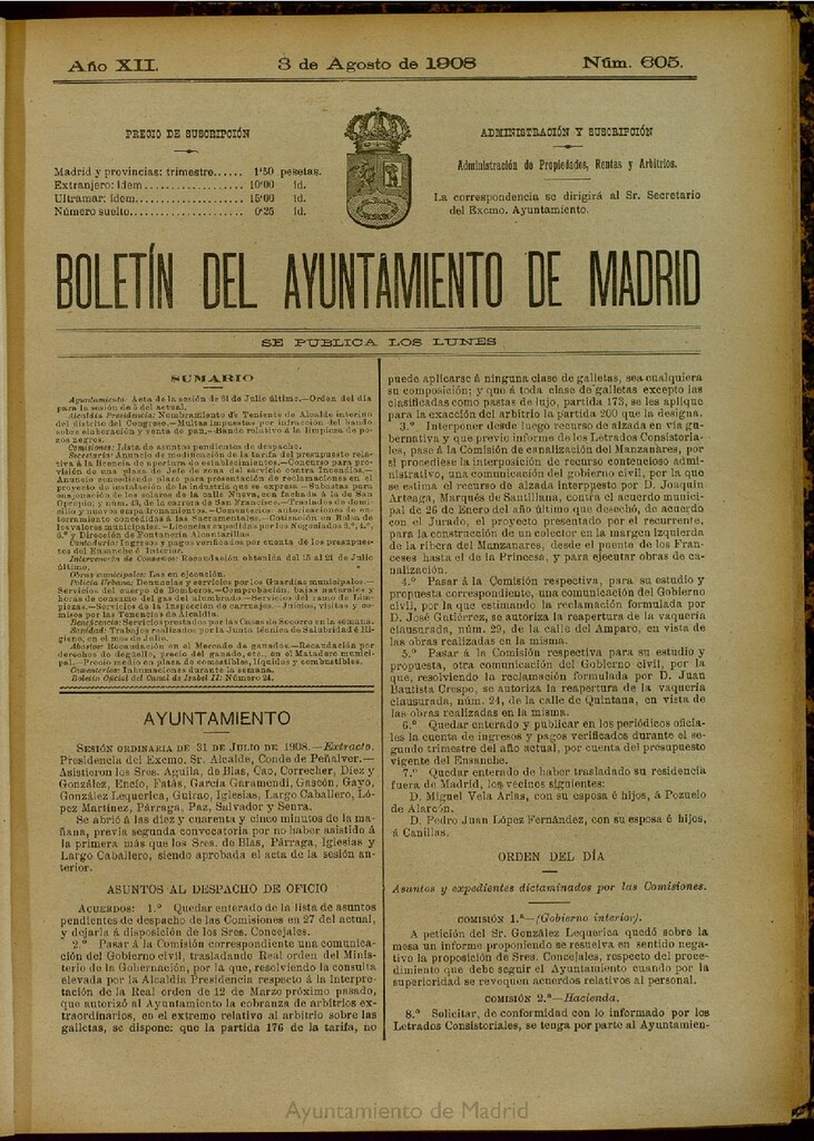 Miniatura de Boletín Oficial del Ayuntamiento de Madrid del 3 de agosto de 1908, nº 605