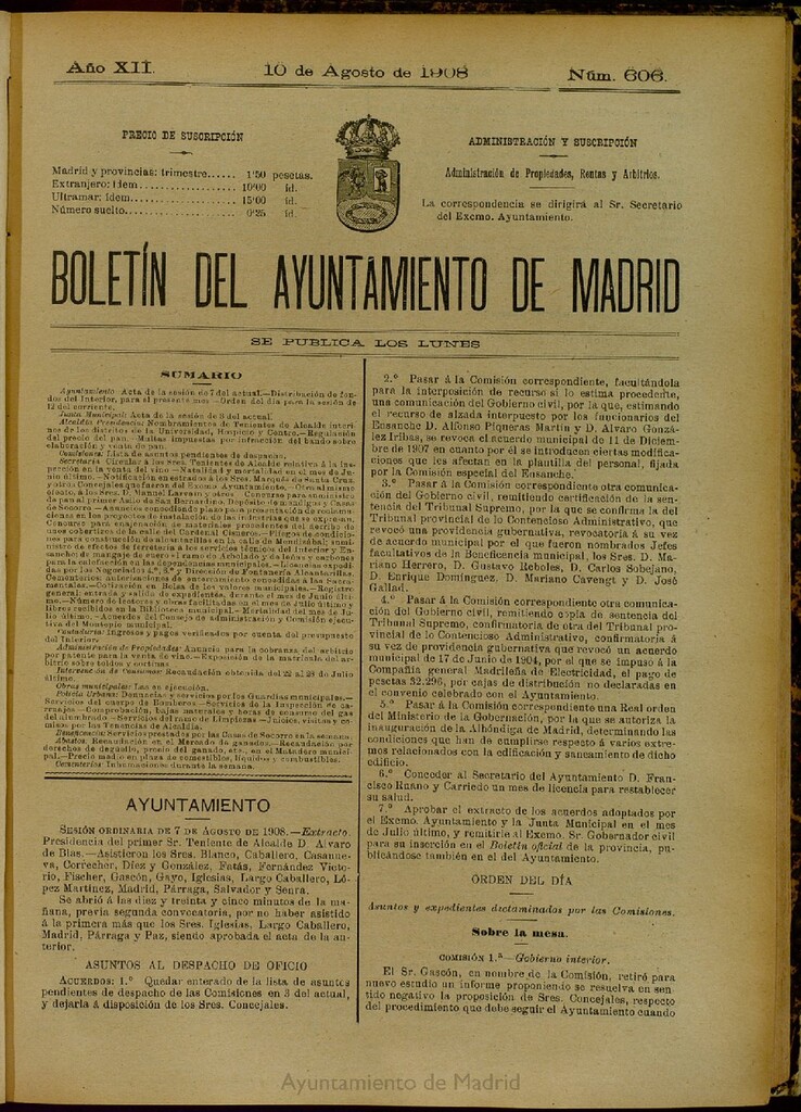 Miniatura de Boletín Oficial del Ayuntamiento de Madrid del 10 de agosto de 1908, nº 606
