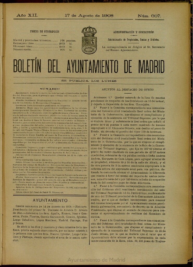 Miniatura de Boletín Oficial del Ayuntamiento de Madrid del 17 de agosto de 1908, nº 607