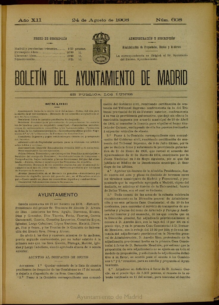 Miniatura de Boletín Oficial del Ayuntamiento de Madrid del 24 de agosto de 1908, nº 608