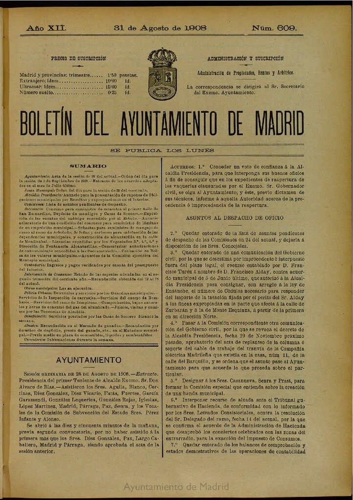 Miniatura de Boletín Oficial del Ayuntamiento de Madrid del 31 de agosto de 1908, nº 609