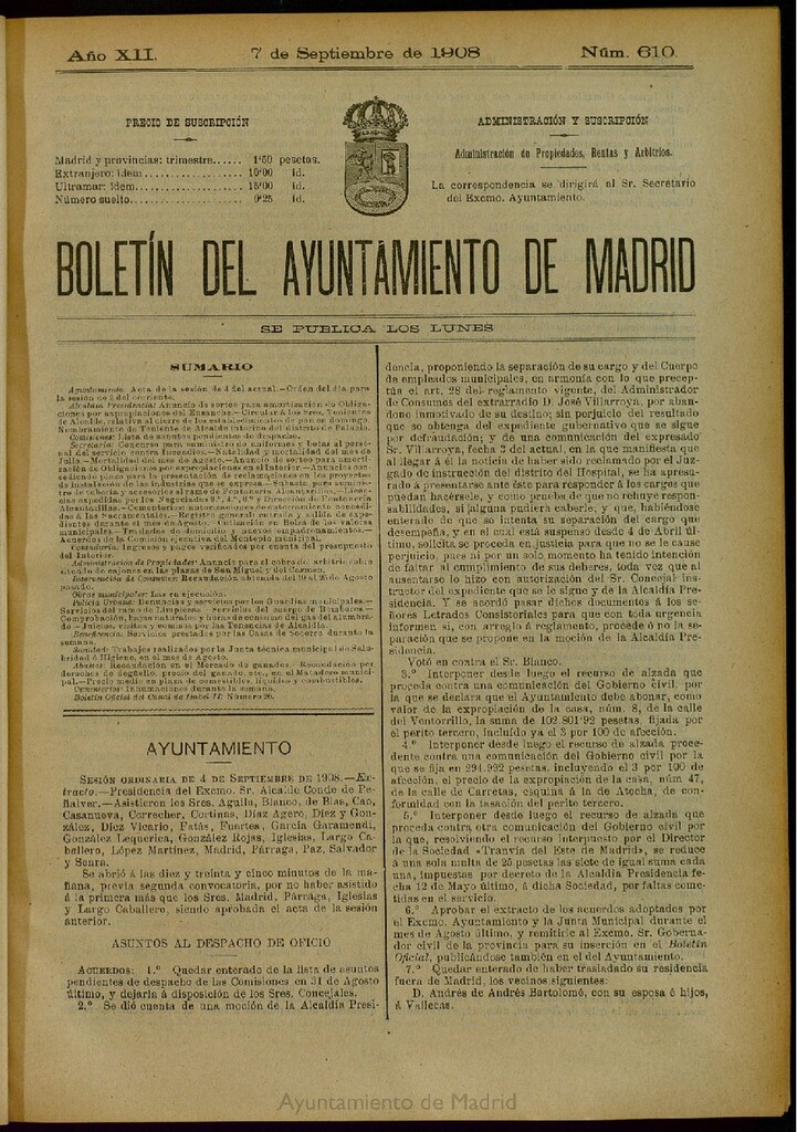 Miniatura de Boletín Oficial del Ayuntamiento de Madrid del 7 de septiembre de 1908, nº 610