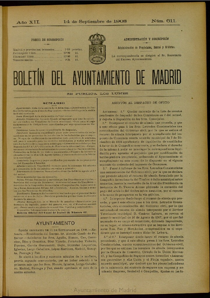 Miniatura de Boletín Oficial del Ayuntamiento de Madrid del 14 de septiembre de 1908, nº 611