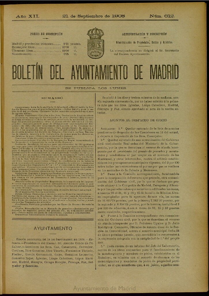 Miniatura de Boletín Oficial del Ayuntamiento de Madrid del 21 de septiembre de 1908, nº 612