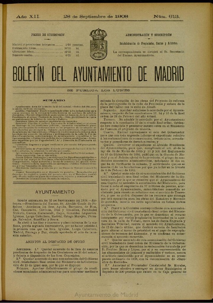 Miniatura de Boletín Oficial del Ayuntamiento de Madrid del 28 de septiembre de 1908, nº 613