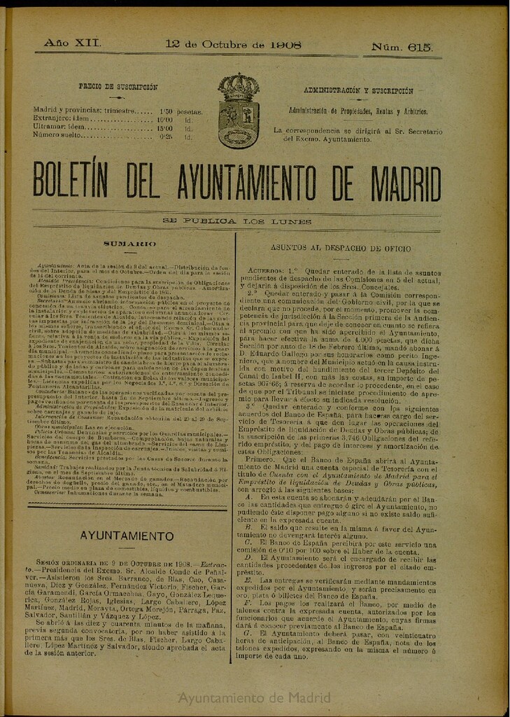 Miniatura de Boletín Oficial del Ayuntamiento de Madrid del 12 de octubre de 1908, nº 615
