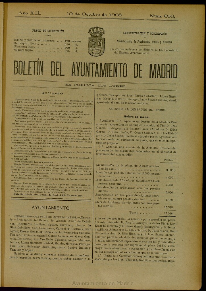 Miniatura de Boletín Oficial del Ayuntamiento de Madrid del 19 de octubre de 1908, nº 616