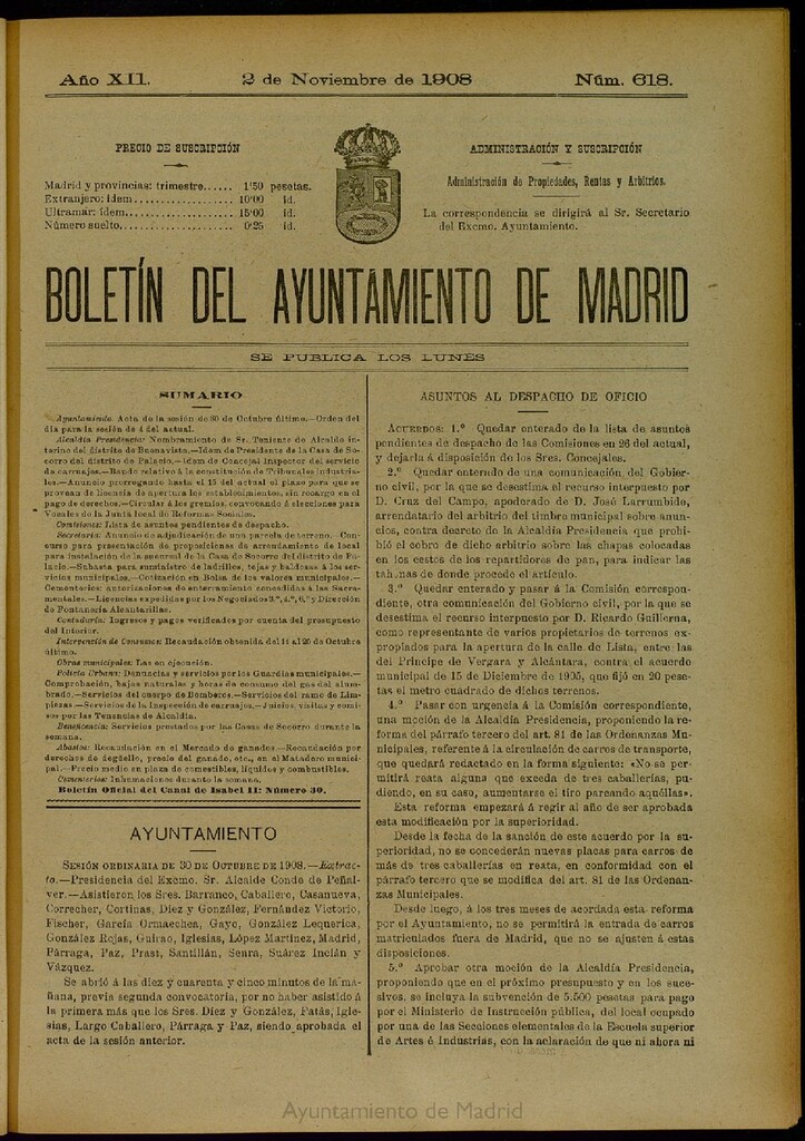 Miniatura de Boletín Oficial del Ayuntamiento de Madrid del 2 de noviembre de 1908, nº 618
