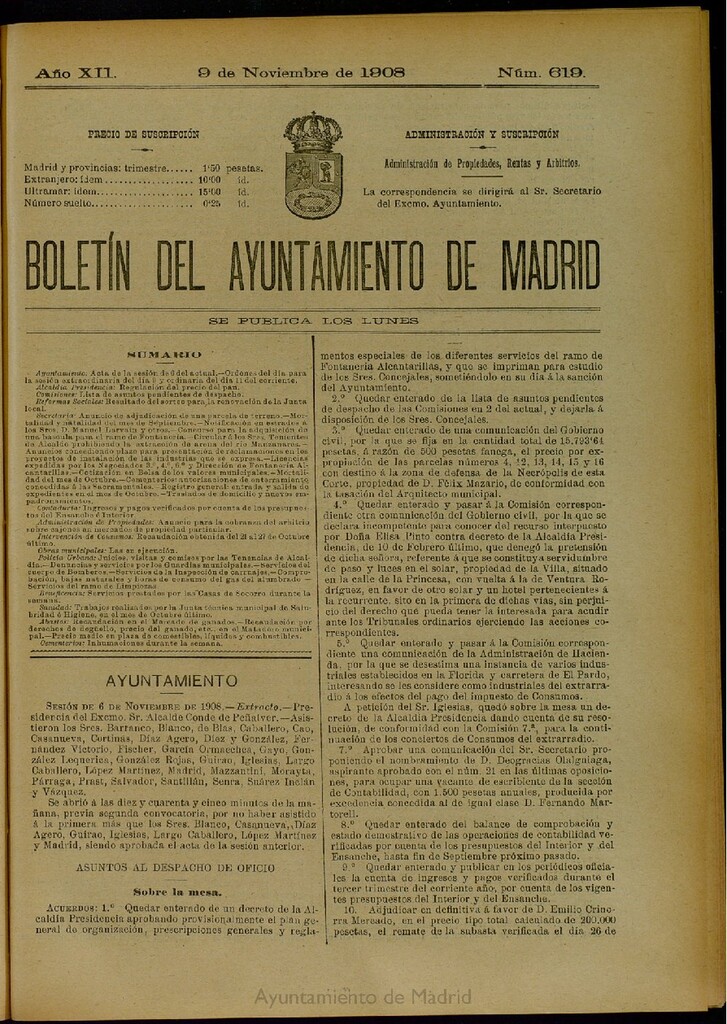Miniatura de Boletín Oficial del Ayuntamiento de Madrid del 9 de noviembre de 1908, nº 619