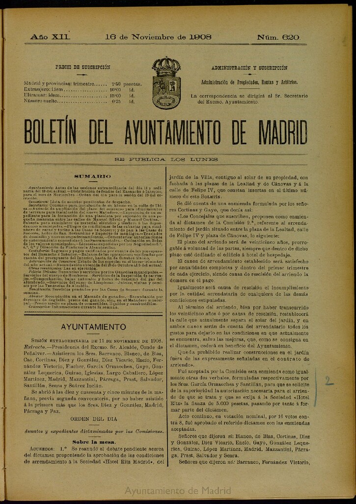 Miniatura de Boletín Oficial del Ayuntamiento de Madrid del 16 de noviembre de 1908, nº 620
