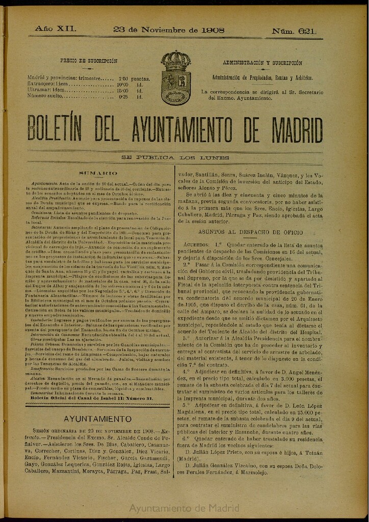 Miniatura de Boletín Oficial del Ayuntamiento de Madrid del 23 de noviembre de 1908, nº 621