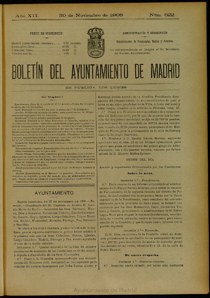 Miniatura de Boletín Oficial del Ayuntamiento de Madrid del 30 de noviembre de 1908, nº 622
