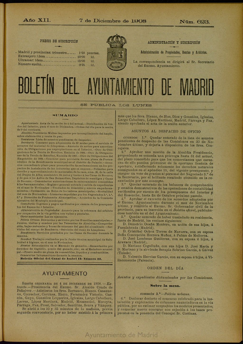 Miniatura de Boletín Oficial del Ayuntamiento de Madrid del 7 de diciembre de 1908, nº 623