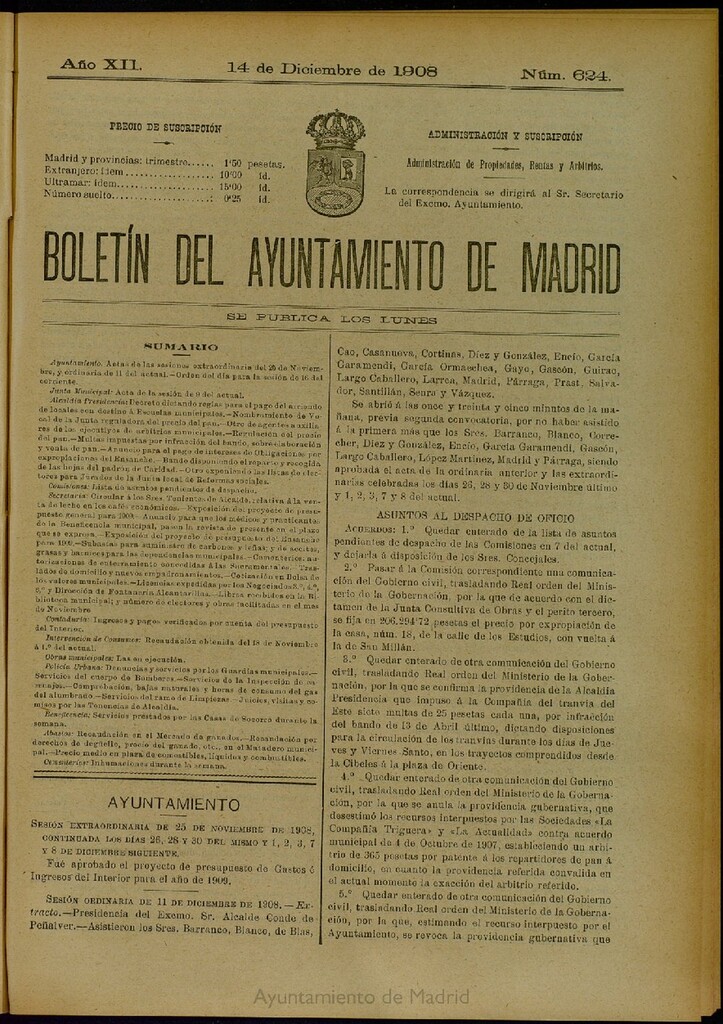Miniatura de Boletín Oficial del Ayuntamiento de Madrid del 14 de diciembre de 1908, nº 624