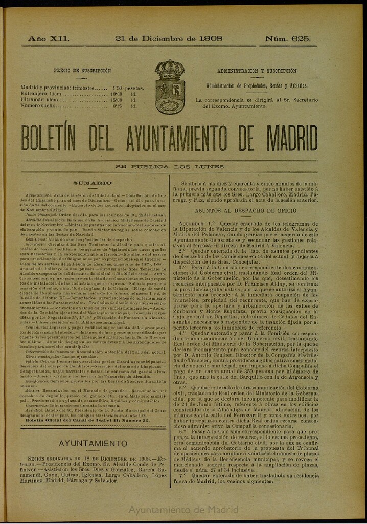 Miniatura de Boletín Oficial del Ayuntamiento de Madrid del 21 de diciembre de 1908, nº 625