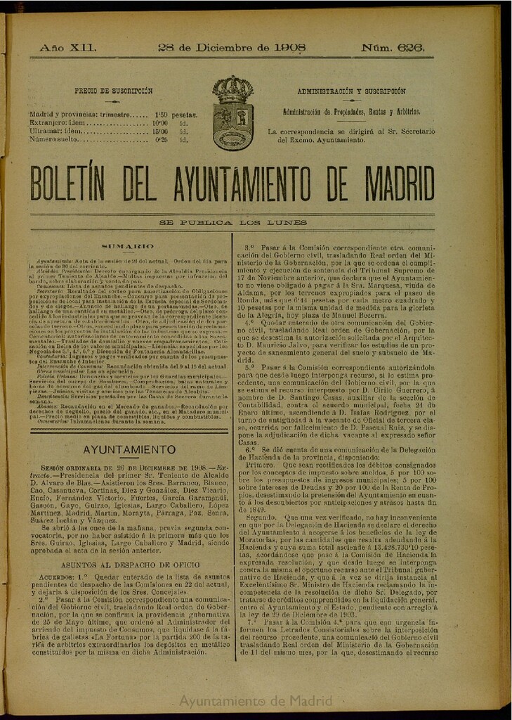 Miniatura de Boletín Oficial del Ayuntamiento de Madrid del 28 de diciembre de 1908, nº 626