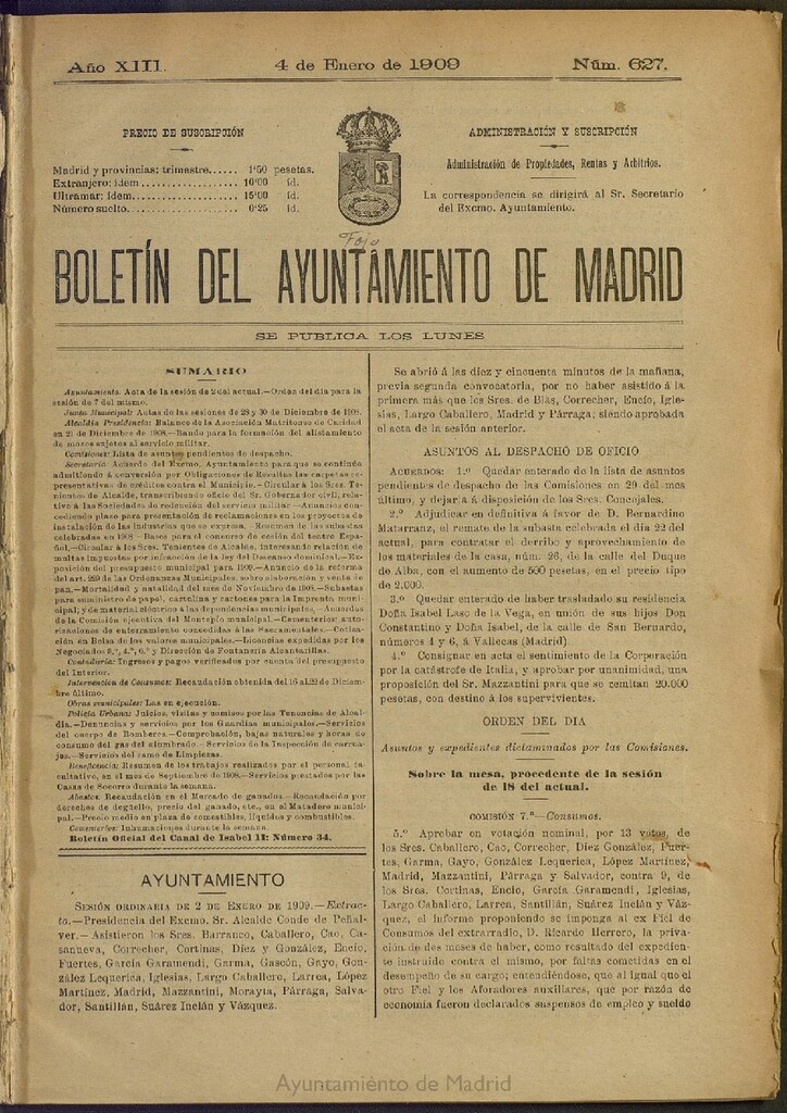 Miniatura de Boletín Oficial del Ayuntamiento de Madrid del 4 de enero de 1909, nº 627